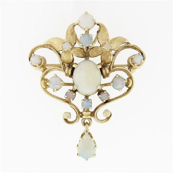 Vintage 14k Yellow Gold Cabochon Opal Teardrop Dangle Open Pin Brooch Pendant