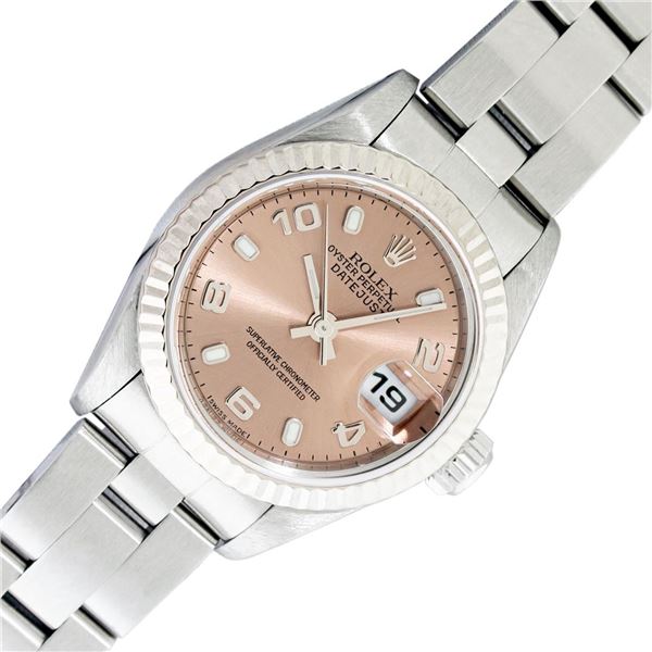 Rolex Stainless Steel Sapphire Quickset Salmon Arabic Datejust Wristwatch 26MM