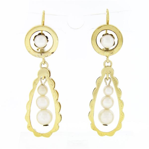 Vintage 14K Yellow Gold Pearl Scalloped Open Elongated Tear Drop Dangle Earrings
