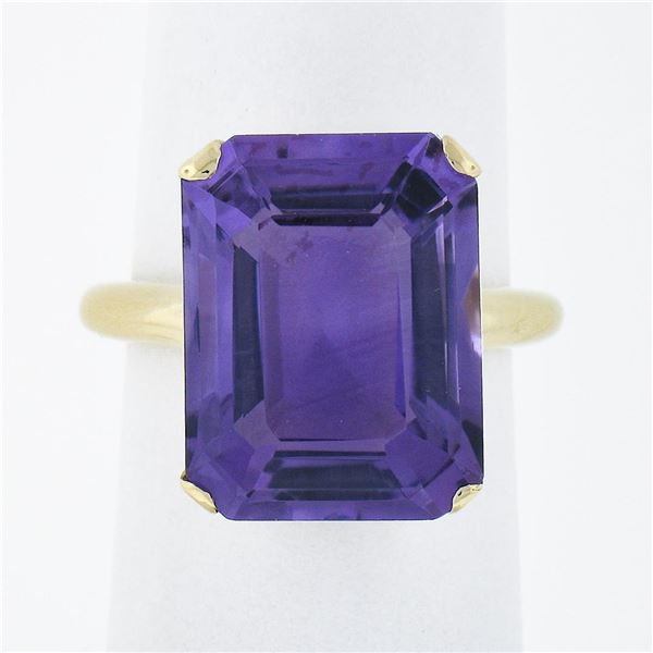 14K Yellow Gold 9.50 ctw Large Amethyst Prong Emerald Cut Solitaire Cocktail Rin