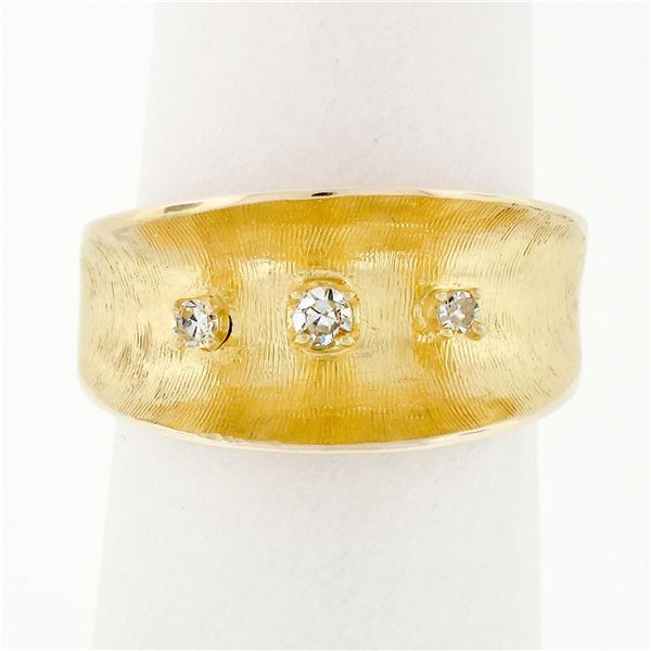 Vintage 14k Gold 3 Single Cut Diamond Wide Florentine Finished Concave Band Ring