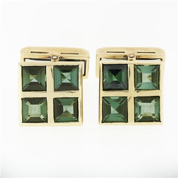 Men's Vintage 18K Gold 5.0 ctw Grid Square Step Cut Green Tourmaline Cuff Links