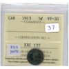 Image 1 : 1915 Canadian Silver 5 Cents. ICCS certified & graded VF-30. Key Date. Scarce World War I issue.