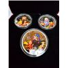 Image 2 : Complete set of 3 2018 $50. Each coin is colourized and depict the san xing gods: FU, LU & Shou. Eac
