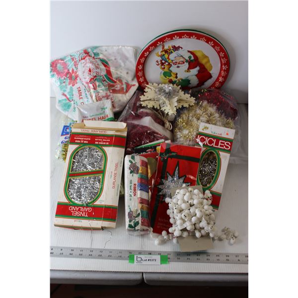 Assortment of Vintage Christmas Items - Garlands, Tinsel, Ribbons, Trays, Table Cloth, Electric Ligh