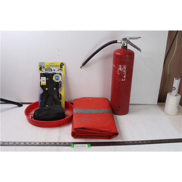 Fire Extinguisher, Snow Straps for Shoes/Boots, Strainer, Black Bag, Plastic Canvas