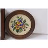 Image 2 : (2) Round Wooden Framed Embroidery Flowers 9", (1) Shadow Box Vintage Clock Store Scene 12" x 9"