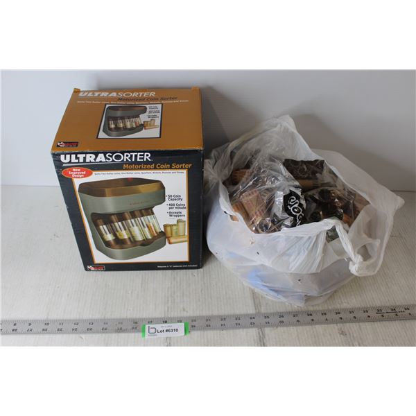 Ultrrasorter Motorized Coin Sorter in Box, Bag of Assorted Coin Wrappers