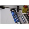 Image 2 : Lot of: Tire Gauges(2), Spark Plug Wrench, Ignition Gauge Set, Solder Wire, Goo Off, (3) Door Stoppe