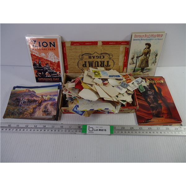 Cigar Box full of Assorted Stamps and Large Assortment of Postcards