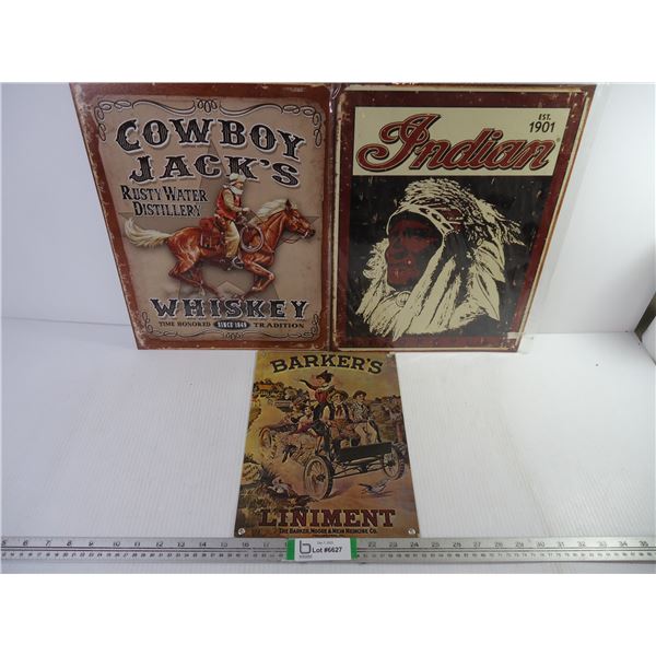 (3) Replica Signs-Cowboy Jack's, Indian Motorcycle and Barker's