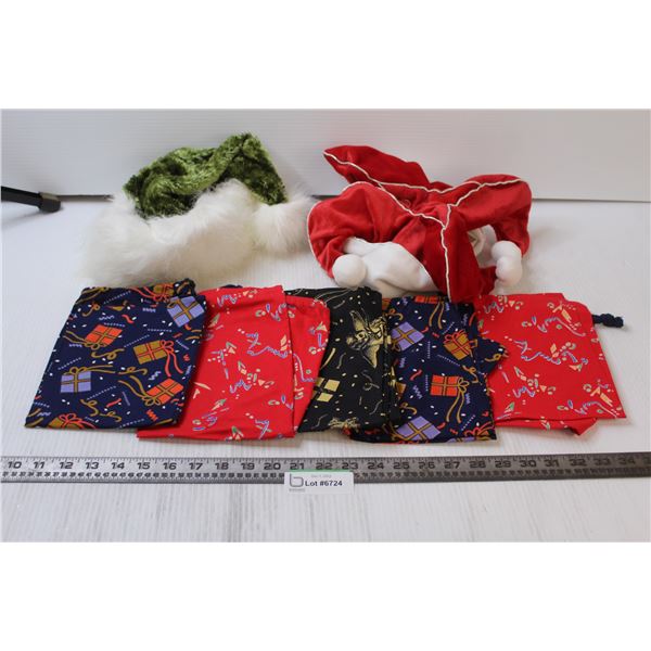 (2) Santa Hats, (5) Cloth Gift Bags (16  x 12 )