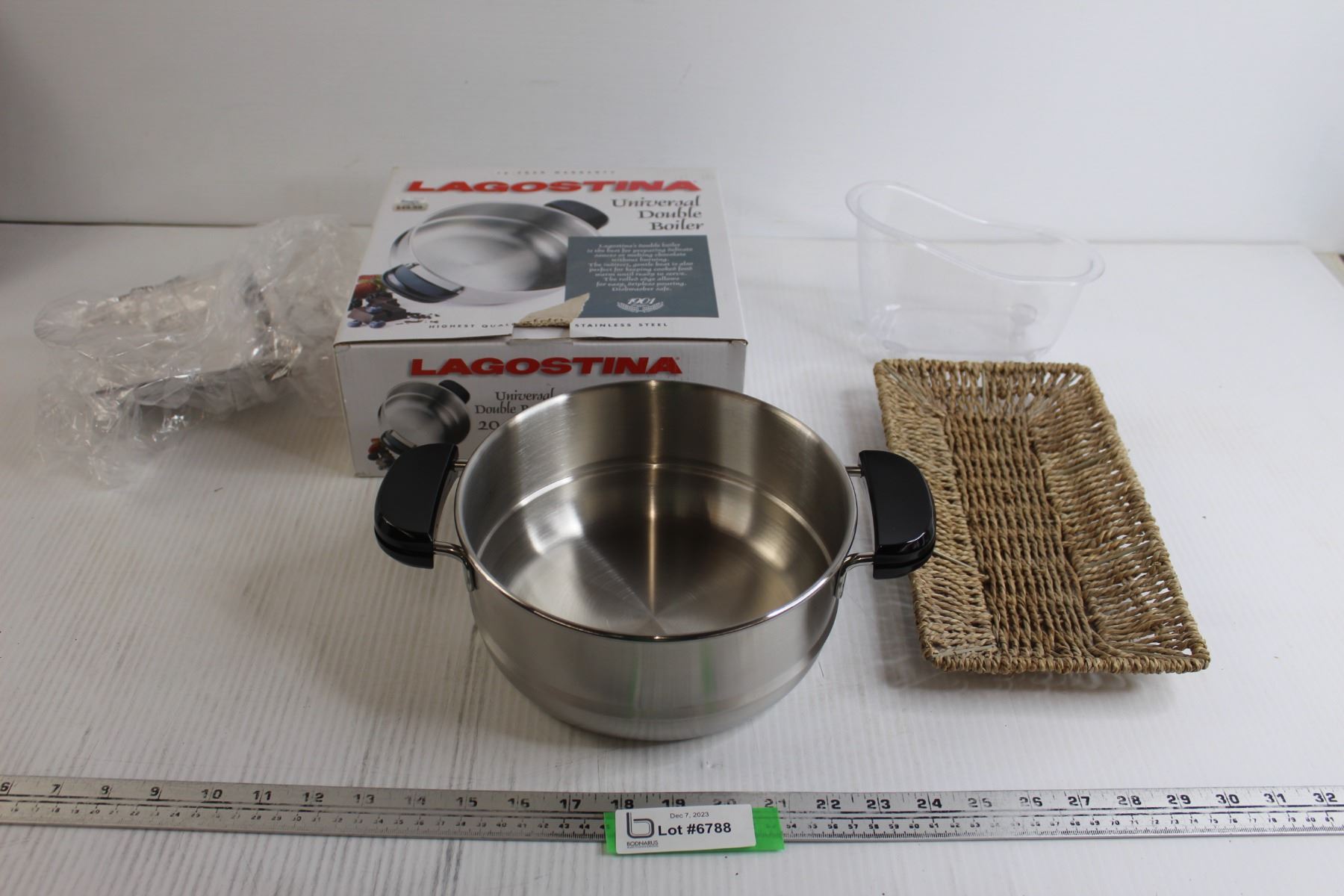 Lagostina Universal Double Boiler, Small Plastic Tub, Wicker Tray Bodnarus Auctioneering