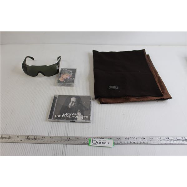 Brown Wool + Silk Men's Scarf, Princess Diana Cassette Tape, Lady Gaga The Fame Monster CD, Safety G