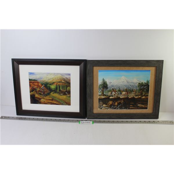 (2) Framed Indigenous Themed Print & Western Setting Print (16 1/4  x 13 1/4 )