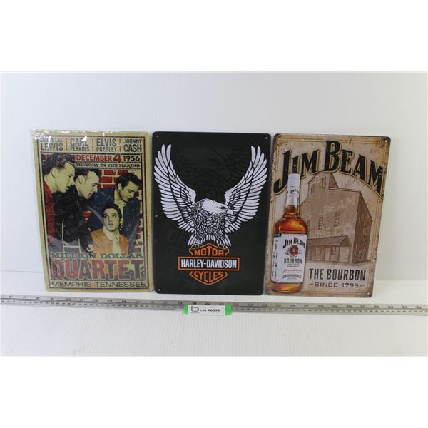 (3) Tin Signs (12  x 8 ) - Jim Beam, Harley Davidson