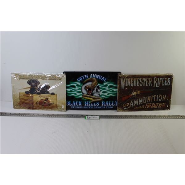 (3) Tin Signs (12" x 8") - Sturgis, Winchester, Remington