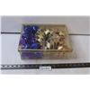 Image 1 : Metal & Mesh Box with (6) Oblong Christmas Decorations, (12) Blue/Purple Christmas Decorations