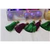 Image 4 : (2) Baskets of Plastic & Glass Purple, Pink, Red Christmas Ornaments, (8) Purple & Green Tassels