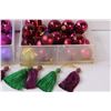 Image 5 : (2) Baskets of Plastic & Glass Purple, Pink, Red Christmas Ornaments, (8) Purple & Green Tassels