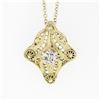 Image 2 : Antique Art Deco 14K Yellow Gold Diamond Open Filigree Milgrain Pendant Necklace