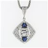 Image 2 : 14k White Gold GIA Emerald Cut Diamond & Trillion Sapphire 19" Pendant Necklace
