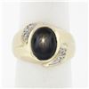Image 1 : Men's Vintage 14K Gold Oval Cabochon Brown Star Sapphire & Diamond Cocktail Ring