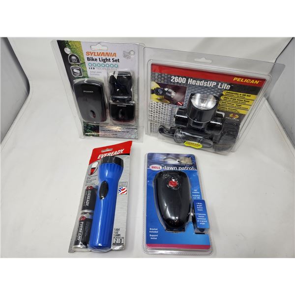 New Sylvania Bike Light, Pelican Heads up Lite, Eveready Flashlight, & Bell Dawn Patrol Flashlight