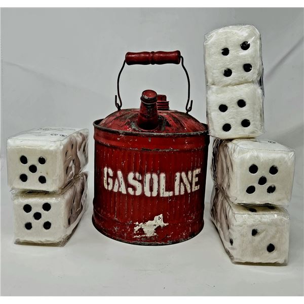 Vintage Gasoline Can & 5 sets of Hanging Dice