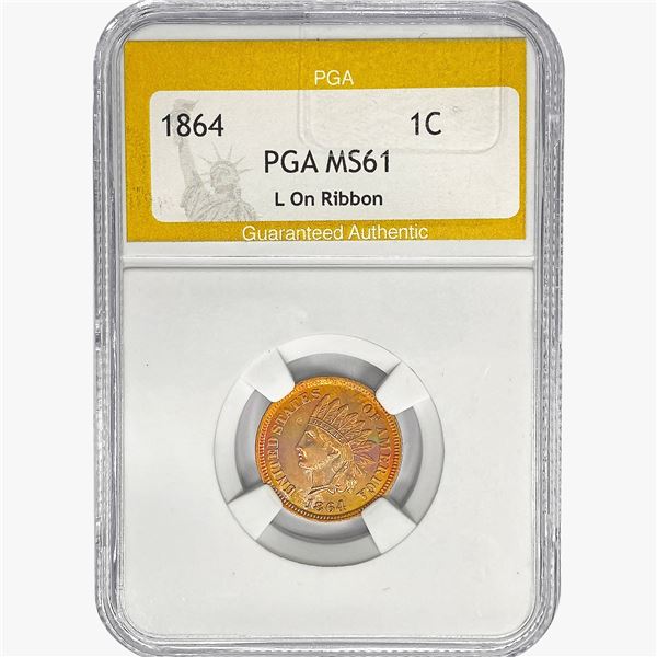 1864 Indian Head Cent PGA MS61 L On Ribbon