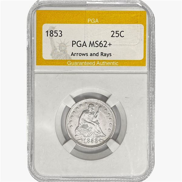 1853 Seated Liberty Quarter PGA MS62+ Arws & Rays