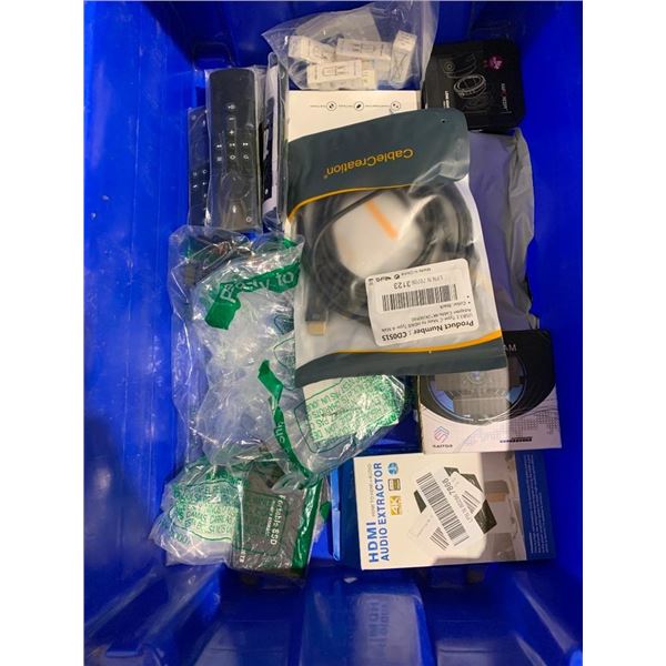 Assorted bin of electronics, bin included