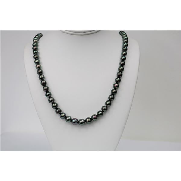 8-10mm Tahitian Peacock Green Near Round Pearl Necklace with Gold Clasp