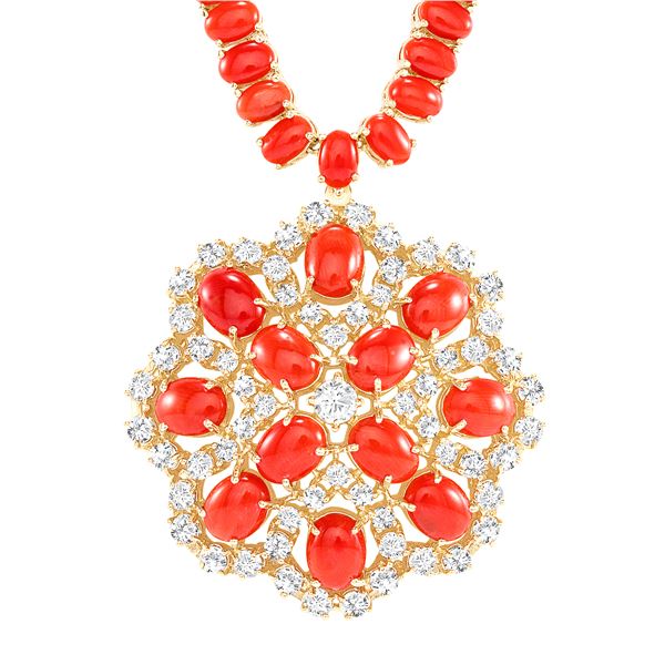 58.51ct Coral & diamond Necklace/Pendant