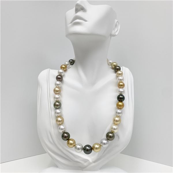 12-14 South Sea White and Golden and Tahitian Round Pearl Necklace with Gold Clasp