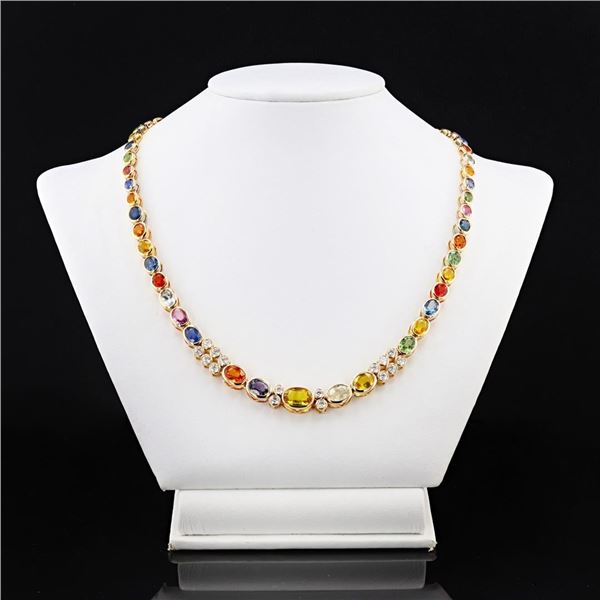 34.51 ctw Multi-Color Sapphire and 1.89 ctw Diamond 14K Yellow Gold Necklace