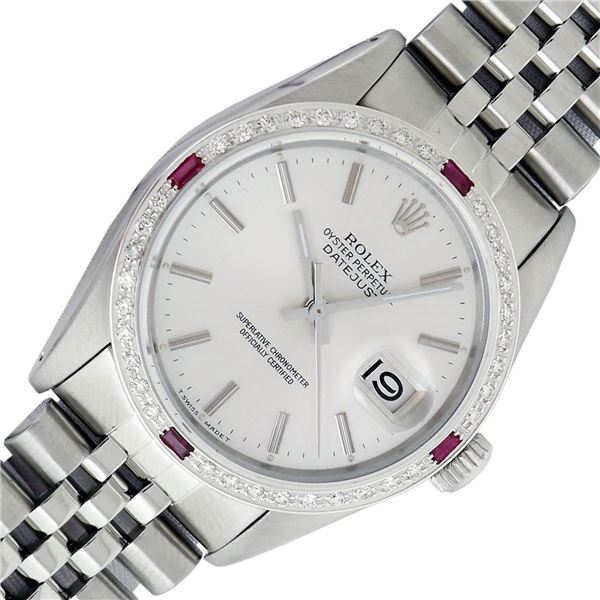 Rolex Mens Stainless Steel Silver Index With Ruby Diamond Bezel 36MM