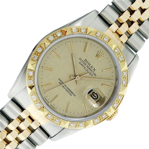 Rolex Mens 2T Datejust Champagne Linen Index Dial With Diamond Bezel