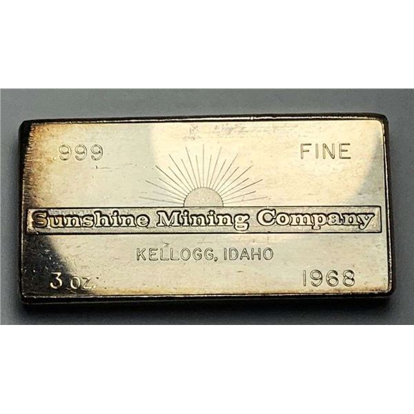 1968 W.H. Foster Sunshine Mining Company 3 ozt .999 Silver Bar