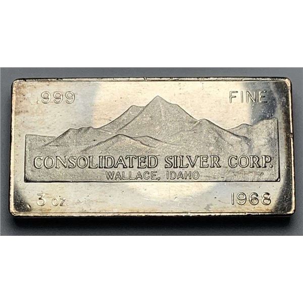 1968 W.H. Foster Consolidated Silver Corp. Mining Company 3 ozt .999 Silver Bar