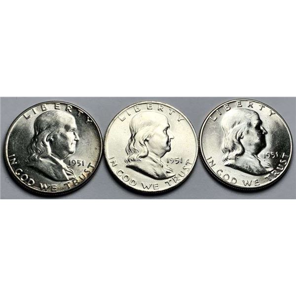 1951-P/D/S Franklin Silver Half Dollar MS64/65 (3-coins)