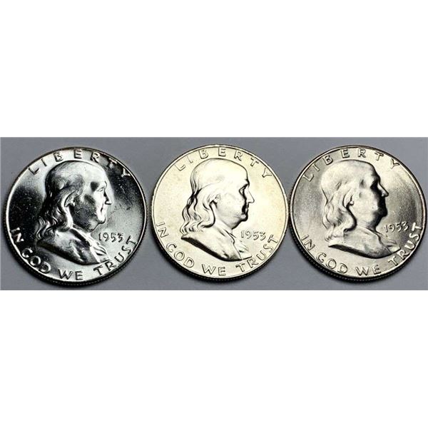 1953-P/D/S Franklin Silver Half Dollar MS65 (3-coins)