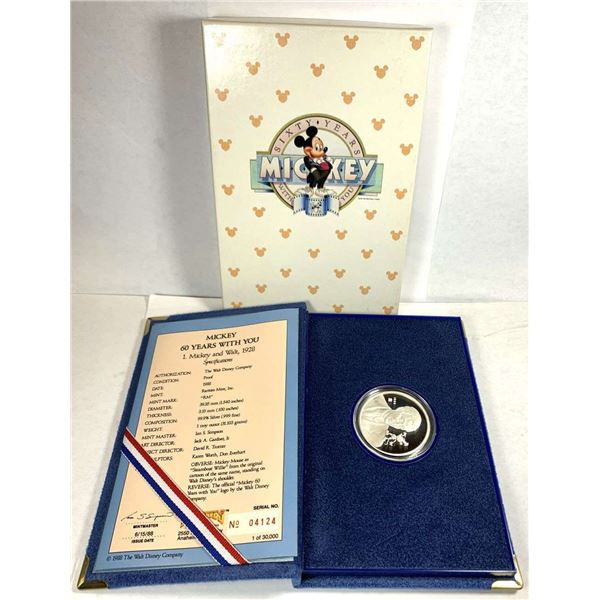 1928-1988 Mickey Mouse "60 Years With You" Mickey & Walt Proof 1 ozt .999 Silver