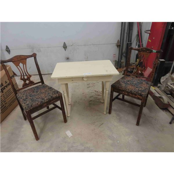 Antique Table with Drawers , 2 Embroidered Wooden Chairs