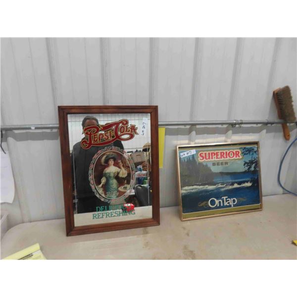 Superior Beer Mirrored Sign 16'' x 20'' , Pepsi Mirrored Sign 18'' x 28''