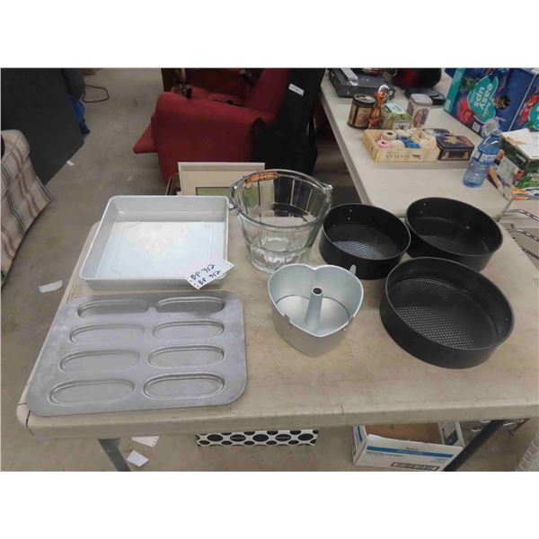 Box of Baking Pans, Glass Bucket