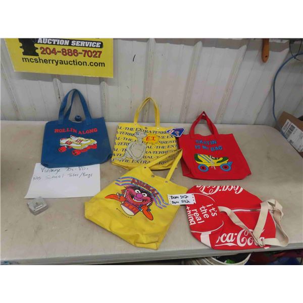 5 Vintage ( 70s -80s) School Totes/ Bags ; ET, Muppets, Coke, Plus others