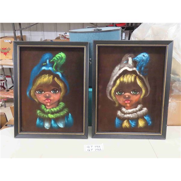 2 Framed Velvet Back ' Big Eyed' Pictures 17  x 22 