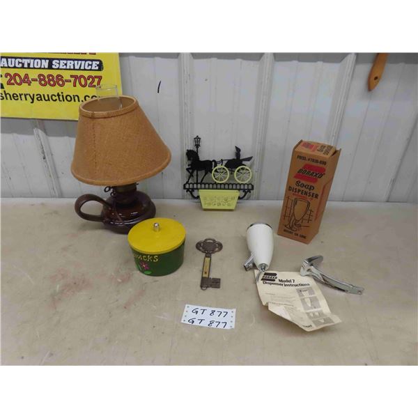 Hurricane Style Bedside Lamp, Soap Dispenser in Original Box, plus more