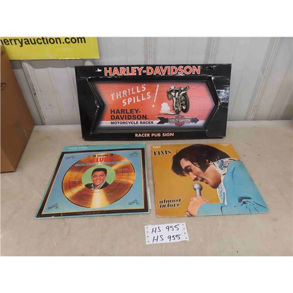 Harley Davidson Sign 10  x 22  & 2 Elvis Albums